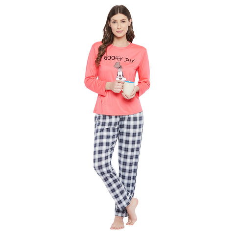 Text & Graphic Print Top & Pyjama Set in Peach