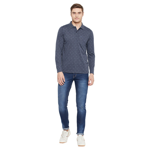 Men's Blue Full Sleeves Cotton Polo Printed T-Shirt - Camey Shop