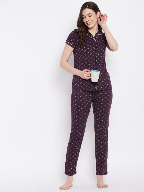 Brown Pretty Florals Button Me Up Shirt & Pyjama in Cotton - Camey Shop
