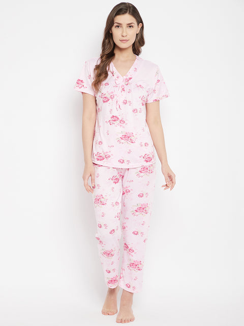 Floral Print Top & Pyjama Set In Pink - Camey Shop