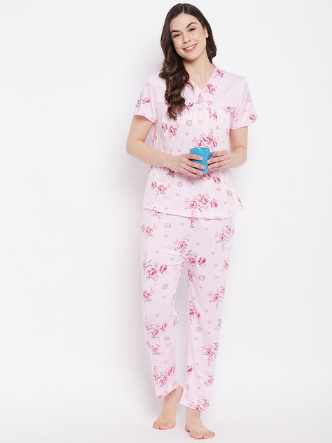 Floral Print Top & Pyjama Set In Pink - Camey Shop