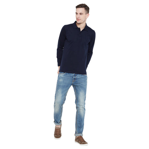 Men's Dark Blue Full Sleeves Cotton Polo T-Shirt - Camey Shop