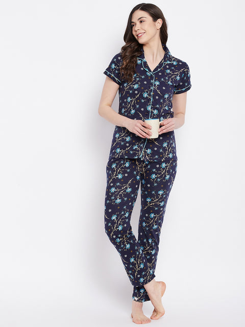 Navy Print Me Pretty Button Me Up Shirt & Bottom Set In Cotton - Camey Shop