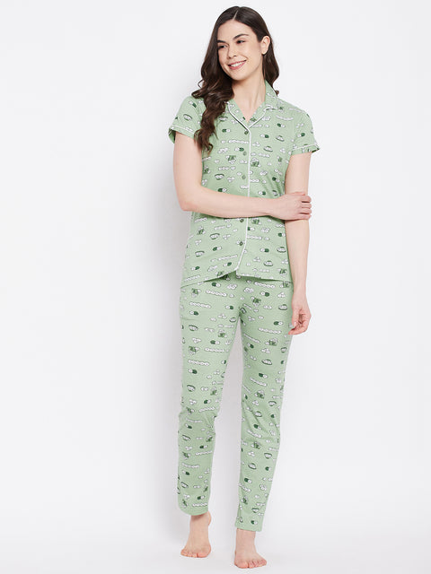 Sage Green Print Me Pretty Button Me Up Shirt & Bottom Set in Cotton - Camey Shop