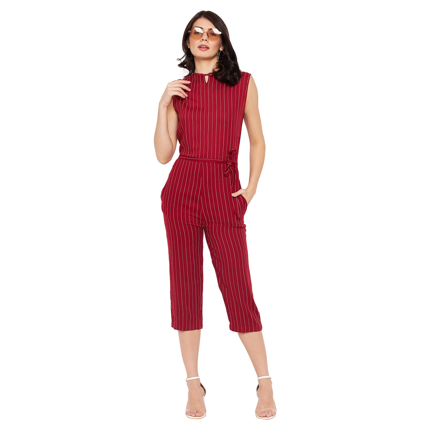 Women Printed Crepe Sleeveless Red Jumpsuit - Camey Shop