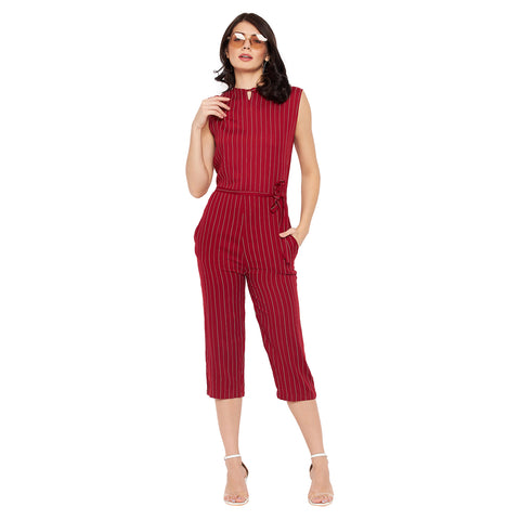 Women Printed Crepe Sleeveless Red Jumpsuit - Camey Shop