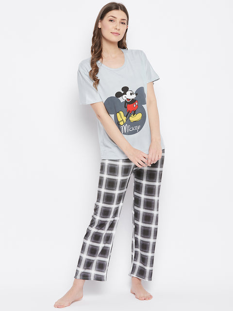 Graphic Print Top & Printed Pyjama Set In Grey - Camey Shop