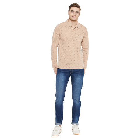 Men's Cream Full Sleeves Cotton Polo Printed T-Shirt - Camey Shop