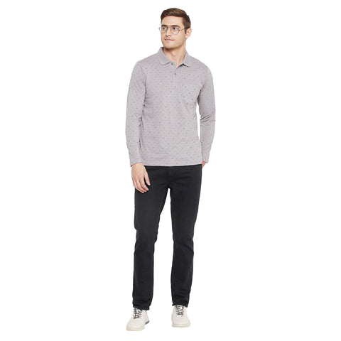 Men's Dark Grey Full Sleeves Cotton Polo Printed T-Shirt - Camey Shop