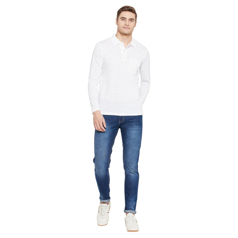 Men's White Full Sleeves Cotton Polo Printed T-Shirt - Camey Shop