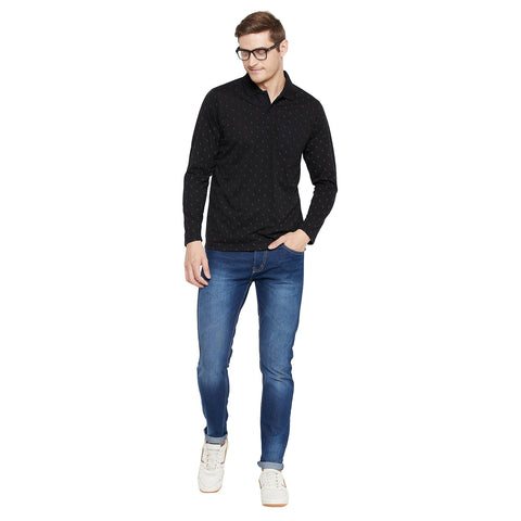 Men's Black Full Sleeves Cotton Polo Printed T-Shirt - Camey Shop