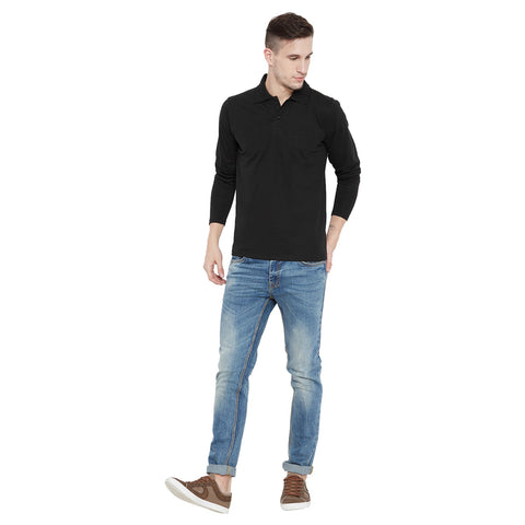 Men's Black Full Sleeves Cotton Polo T-Shirt - Camey Shop