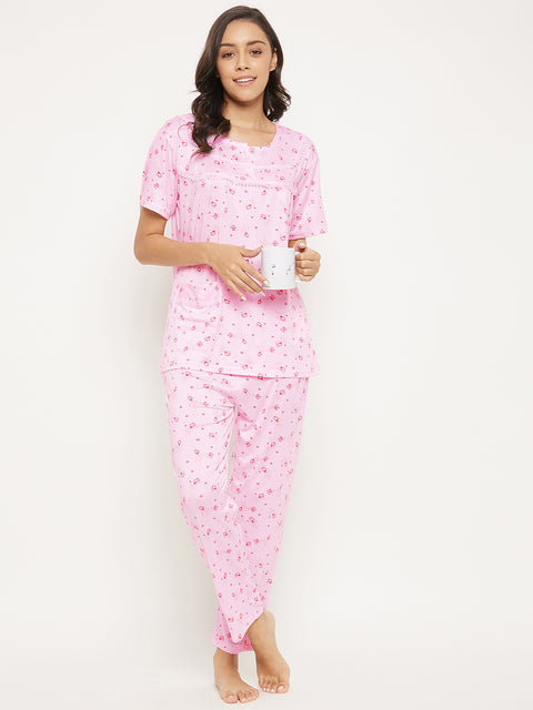 Women's Viscose Printed Short Sleeve Top and Pajama Pants Regular Fit Night Suit Round Collarless Top and Pyjama Set Ladies Night Dress - Camey Shop
