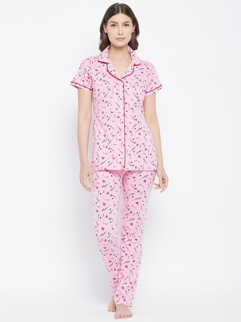 Pink Heart Print Button Me Up Shirt & Pyjama Set in Cotton - Camey Shop