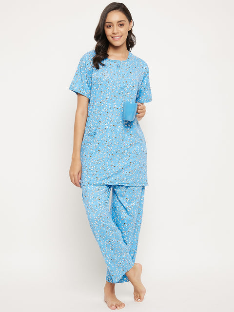 Camey Women's Viscose Printed Short Sleeve Top and Pajama Pants Regular Fit Night Suit Round Collarless Top and Pyjama Set Ladies Night Dress - Camey Shop