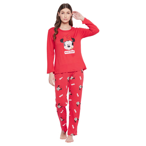 Mickey Text & Graphic Print Top & Pyjama Set in Red