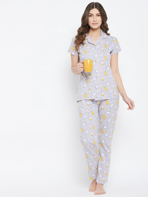 Grey Ice Cream Print Button Me Up Shirt & Pyjama Set in Cotton - Camey Shop