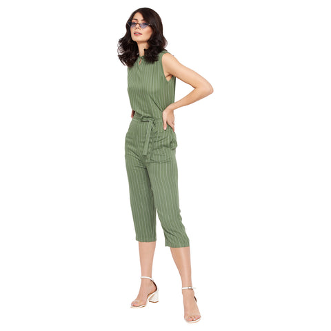 Women Printed Crepe Sleeveless Green Jumpsuit - Camey Shop