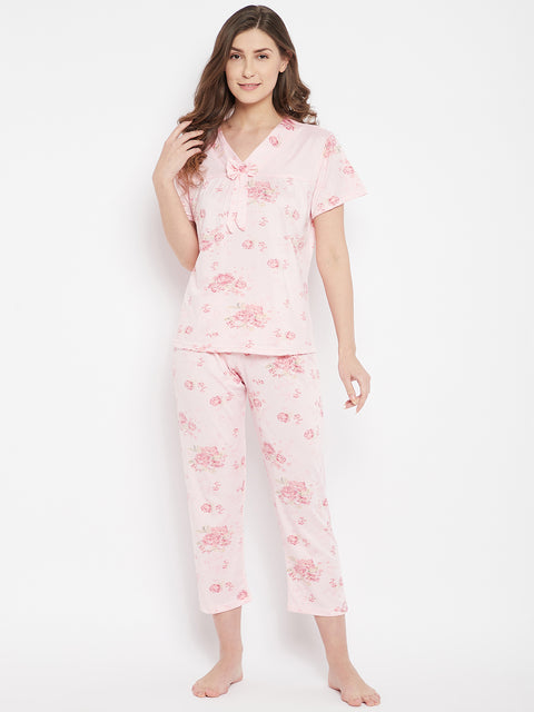 Floral Print Top & Pyjama Set In Pink - Camey Shop