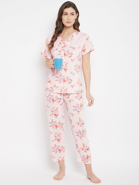 Floral Print Top & Pyjama Set In Pink - Camey Shop