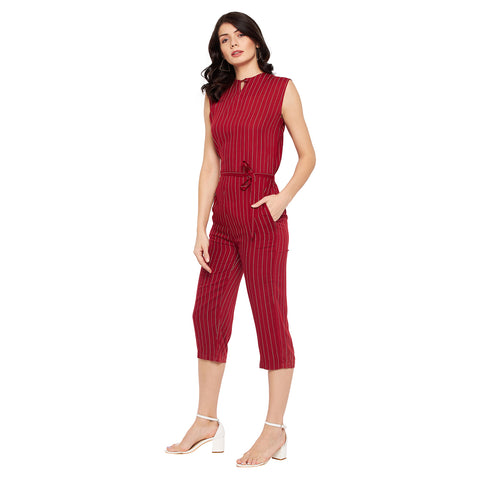 Women Printed Crepe Sleeveless Red Jumpsuit - Camey Shop