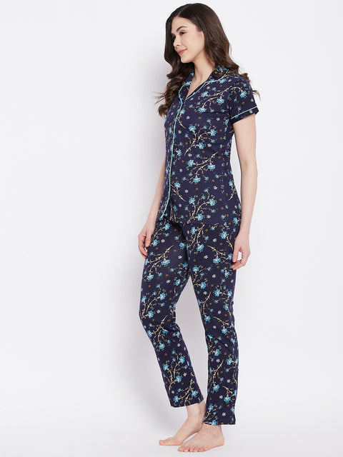 Navy Print Me Pretty Button Me Up Shirt & Bottom Set In Cotton - Camey Shop