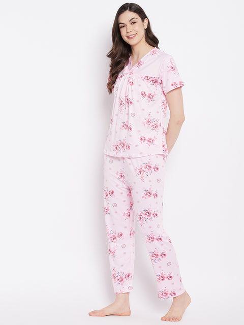 Floral Print Top & Pyjama Set In Pink - Camey Shop