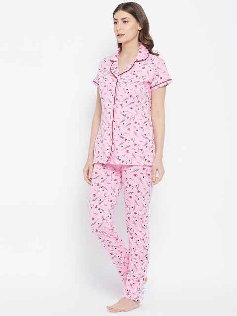 Pink Heart Print Button Me Up Shirt & Pyjama Set in Cotton - Camey Shop