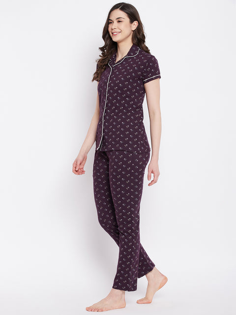 Brown Pretty Florals Button Me Up Shirt & Pyjama in Cotton - Camey Shop