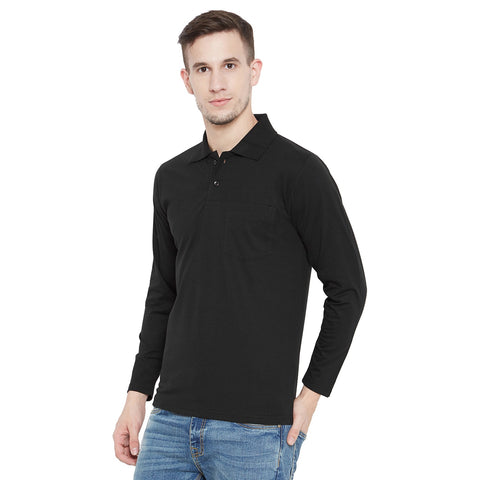 Men's Black Full Sleeves Cotton Polo T-Shirt - Camey Shop