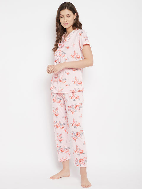 Floral Print Top & Pyjama Set In Pink - Camey Shop
