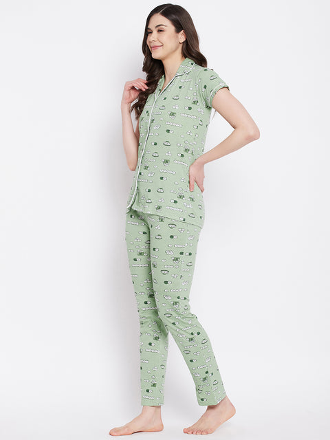 Sage Green Print Me Pretty Button Me Up Shirt & Bottom Set in Cotton - Camey Shop