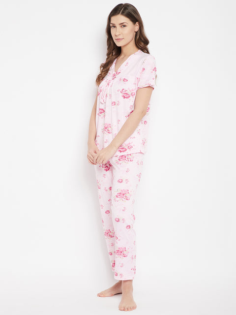 Floral Print Top & Pyjama Set In Pink - Camey Shop