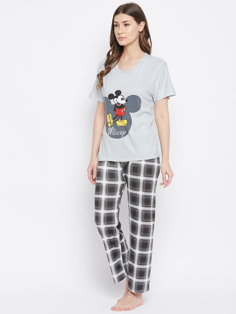 Graphic Print Top & Printed Pyjama Set In Grey - Camey Shop