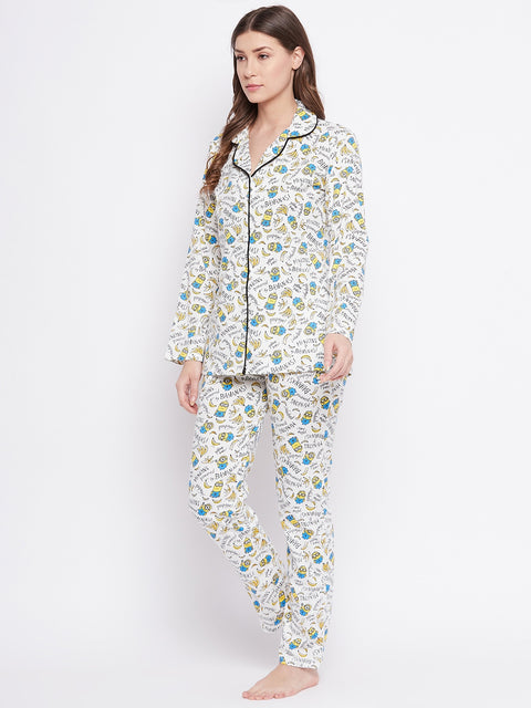 White Print Me Pretty Button Me Up Shirt & Bottom Set in Cotton - Camey Shop