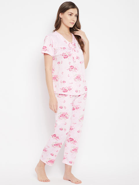 Floral Print Top & Pyjama Set In Pink - Camey Shop