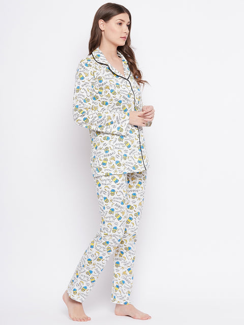 White Print Me Pretty Button Me Up Shirt & Bottom Set in Cotton - Camey Shop