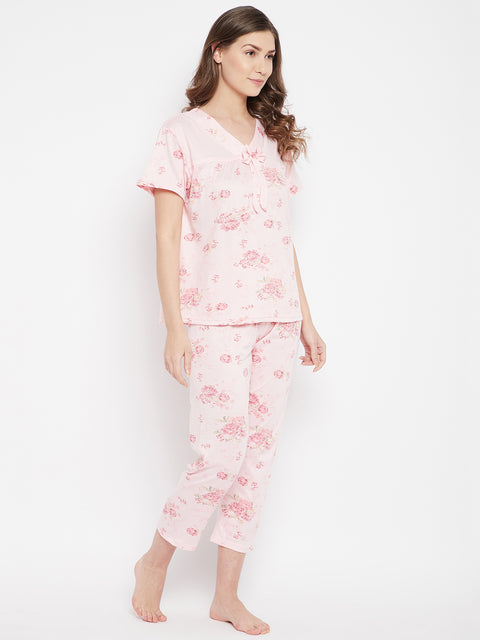 Floral Print Top & Pyjama Set In Pink - Camey Shop