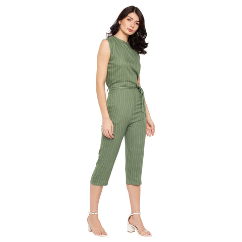 Women Printed Crepe Sleeveless Green Jumpsuit - Camey Shop