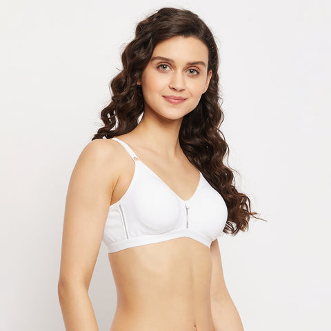 Womens Non Padded Non Wired Solid Full Coverage White Bra with Detachable Straps - Camey Shop