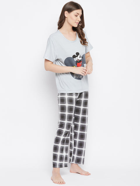 Graphic Print Top & Printed Pyjama Set In Grey - Camey Shop