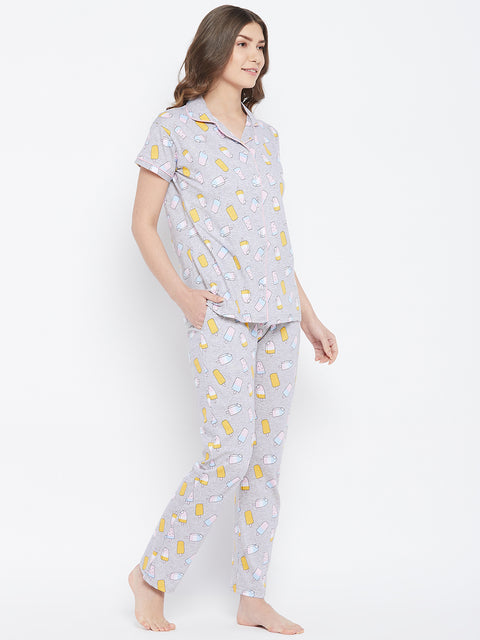 Grey Ice Cream Print Button Me Up Shirt & Pyjama Set in Cotton - Camey Shop