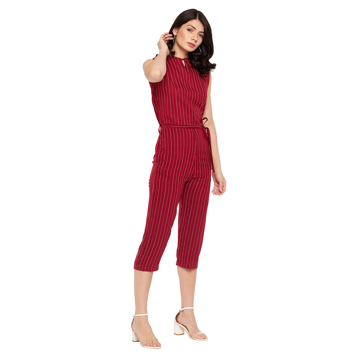 Women Printed Crepe Sleeveless Red Jumpsuit - Camey Shop