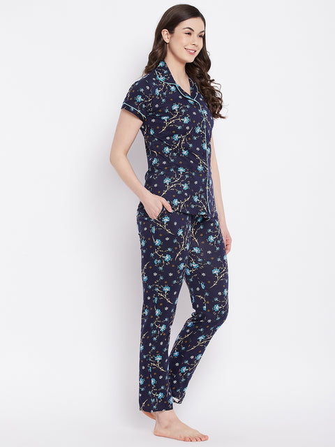 Navy Print Me Pretty Button Me Up Shirt & Bottom Set In Cotton - Camey Shop