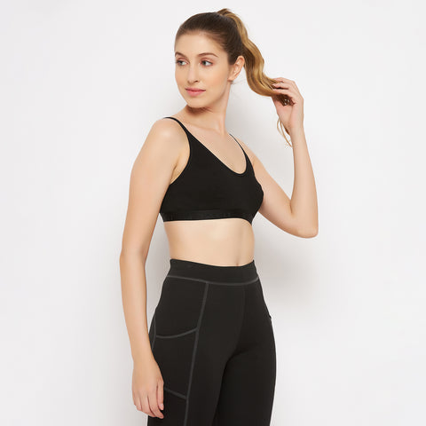 Womens Non Padded Non Wired Solid Full Coverage Black Sports Bra - Camey Shop