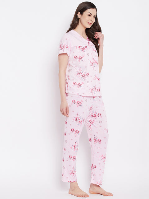 Floral Print Top & Pyjama Set In Pink - Camey Shop