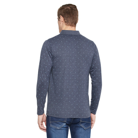 Men's Blue Full Sleeves Cotton Polo Printed T-Shirt - Camey Shop