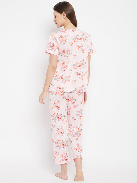 Floral Print Top & Pyjama Set In Pink - Camey Shop