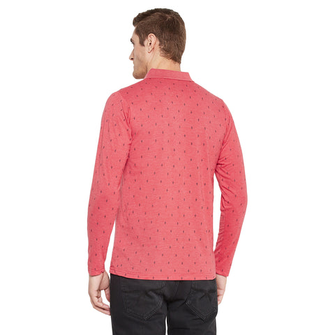 Men's Dark Pink Full Sleeves Cotton Polo Printed T-Shirt - Camey Shop