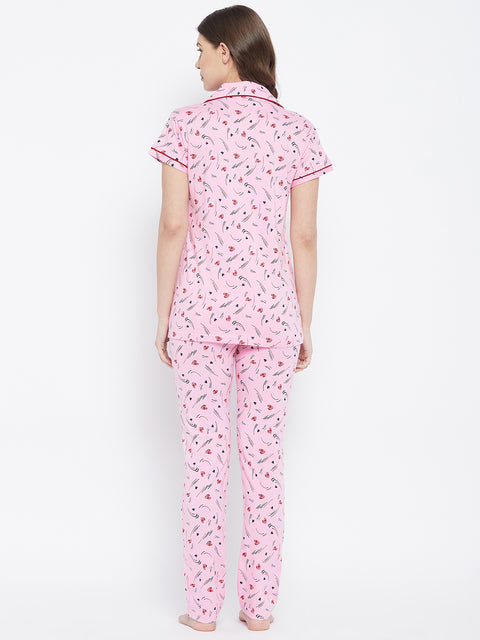 Pink Heart Print Button Me Up Shirt & Pyjama Set in Cotton - Camey Shop